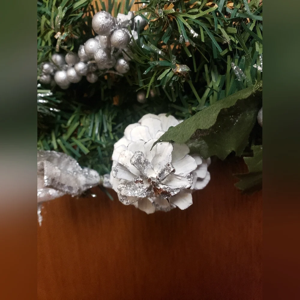 Festive Green White and Silver Holiday Pine Wreath Or Centerpiece 12